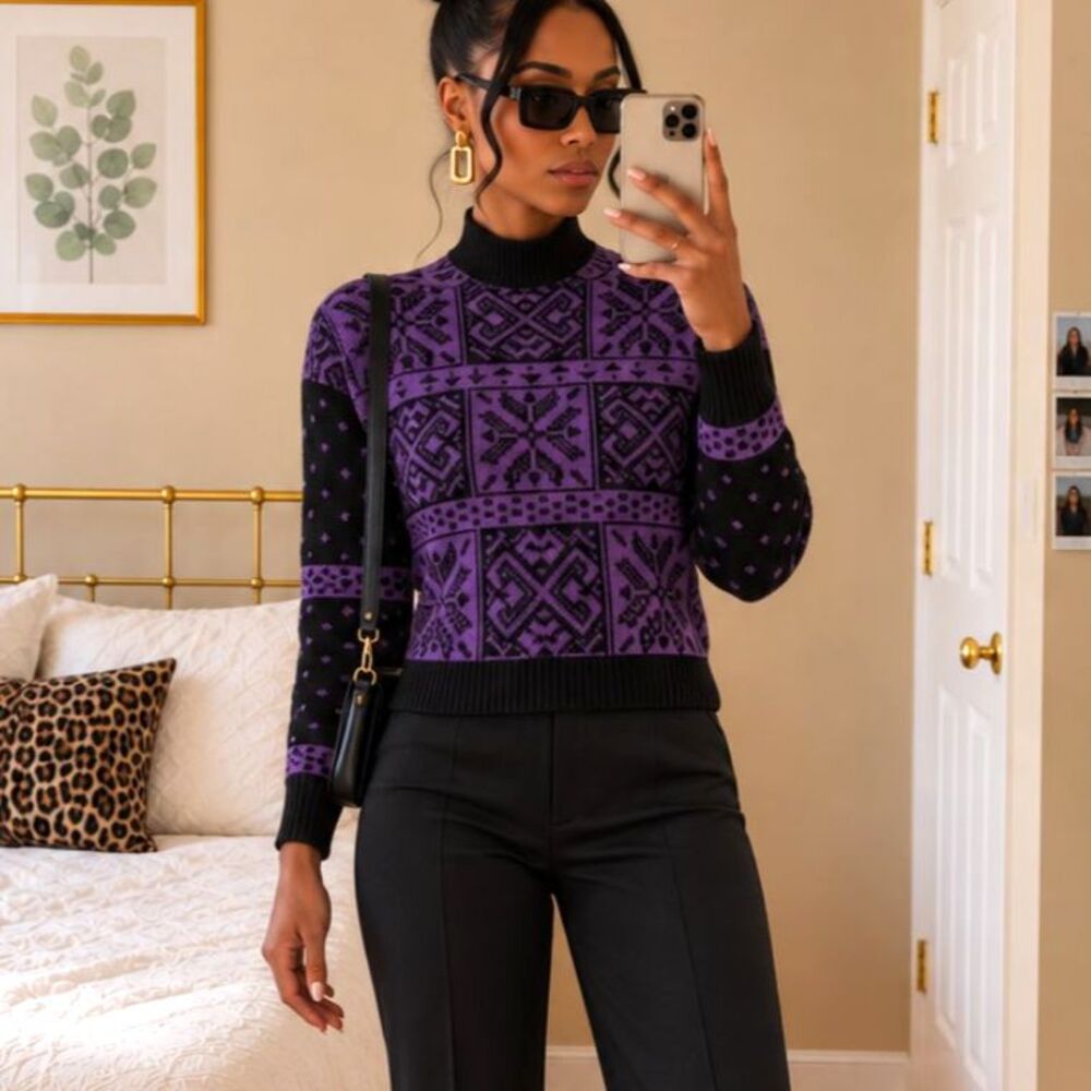 Vtg 80's Meister Women Pullover Sweater Purple Nordic Geometric Mock Neck  USA